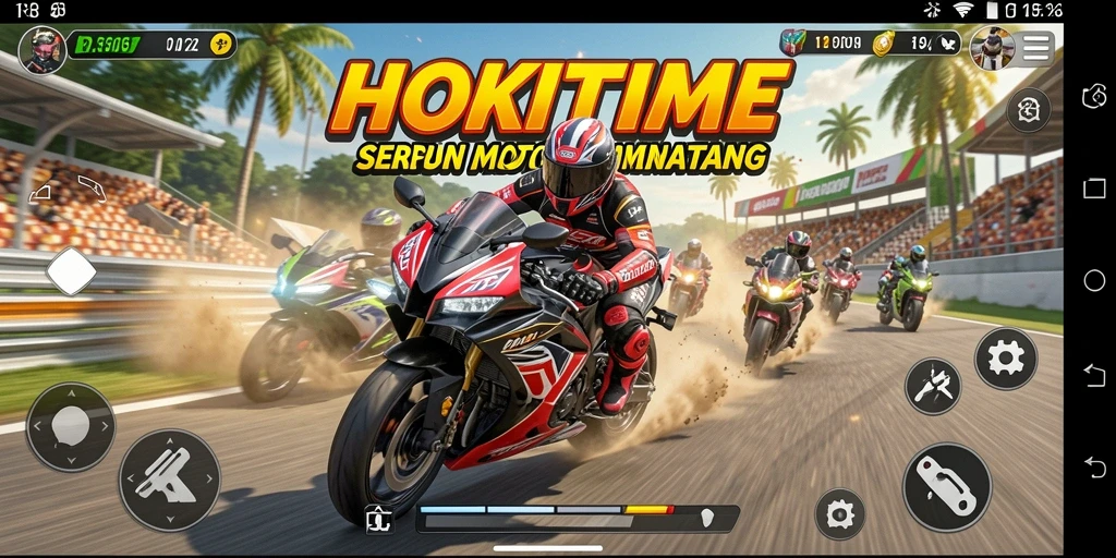 Screenshot gameplay HOKITIME menampilkan balapan motor yang mendebarkan.