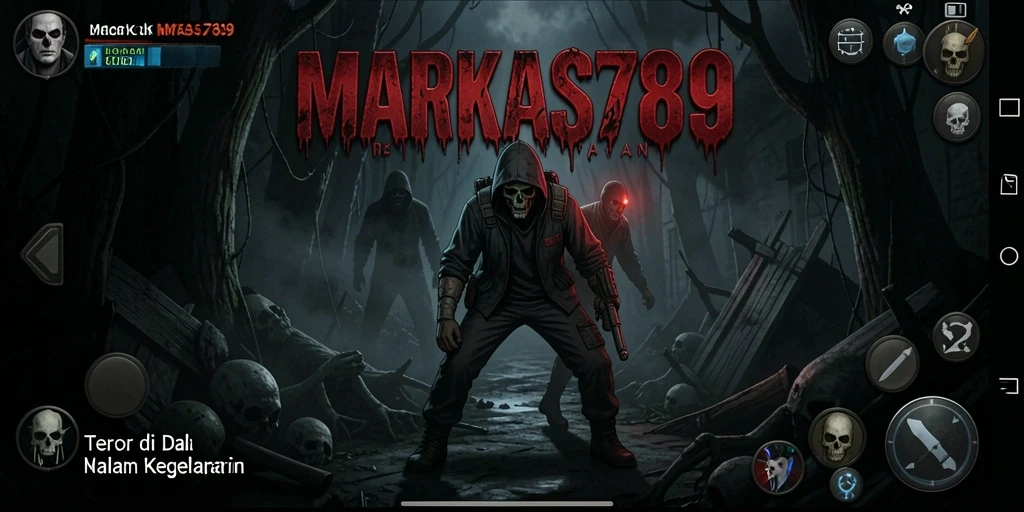 Screenshot gameplay <strong>MARKAS789</strong> menunjukkan ketegangan menakutkan dalam suasana kelam.