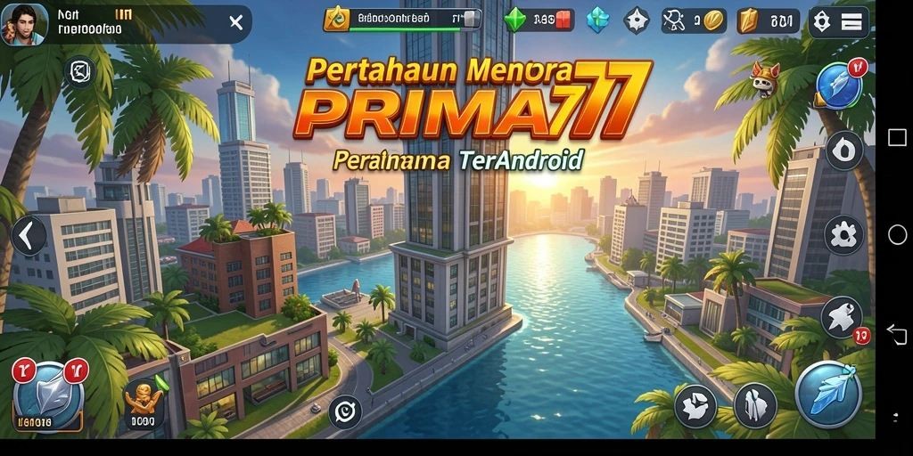 Tampilan gameplay PRIMA77 dengan menara yang strategis.