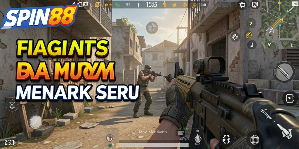 Screenshot menampilkan aksi intens dalam pertempuran FPS di SPIN88.